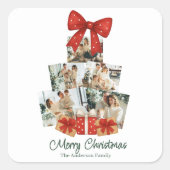 エレガントな水彩 赤いリボン ファミリー クリスマス ツリー スクエアシール (正面)