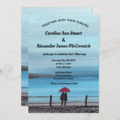 エレガントな水彩 赤い傘 カップル ウェディング 招待状 (正面/裏面)