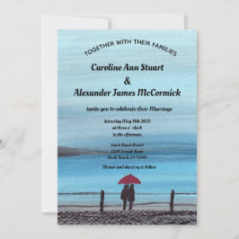 エレガントな水彩 赤い傘 カップル ウェディング 招待状