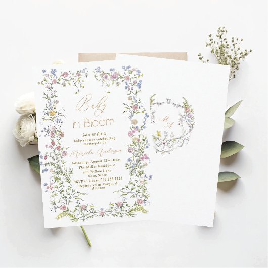 エレガントな水彩 赤ちゃんとピンクの花の blooom B 招待状