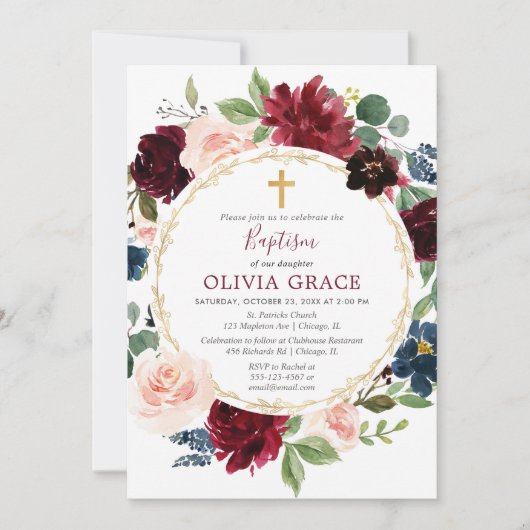 エレガントな洗礼の女の子のバーガンディの赤面の濃紺の金ゴールド 招待状 (正面)