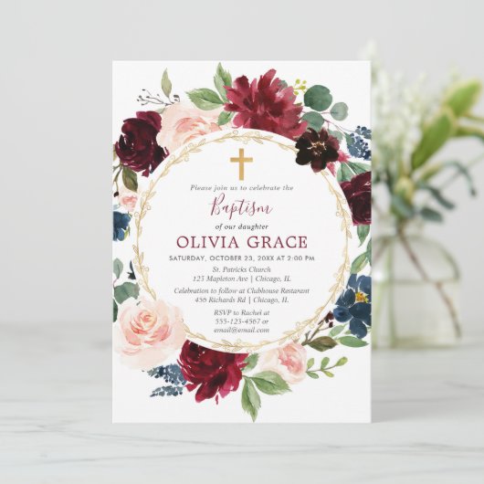 エレガントな洗礼の女の子のバーガンディの赤面の濃紺の金ゴールド 招待状 (スタンド正面)