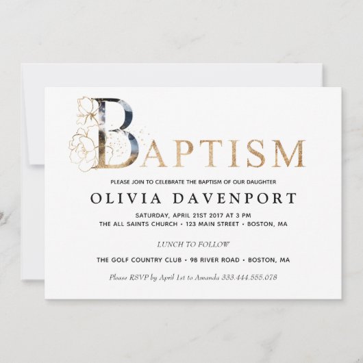 エレガントな洗礼の男の子の女の子の金ゴールドおよび青 招待状 (正面)