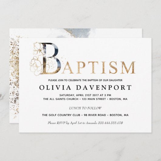 エレガントな洗礼の男の子の女の子の金ゴールドおよび青 招待状 (正面/裏面)