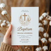 エレガントな洗礼招待状（ゴールドクロスとオリーブの花輪付き） 招待状