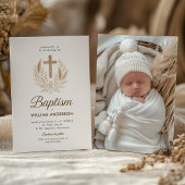 エレガントな洗礼招待状（ゴールドクロスとオリーブの花輪付き） 招待状