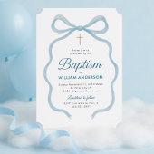 エレガントな洗礼招待状 青いリボンと十字架 招待状