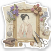 エレガントな浮世絵コラージュアート - ヴィンテージ日本女性 シール (正面)