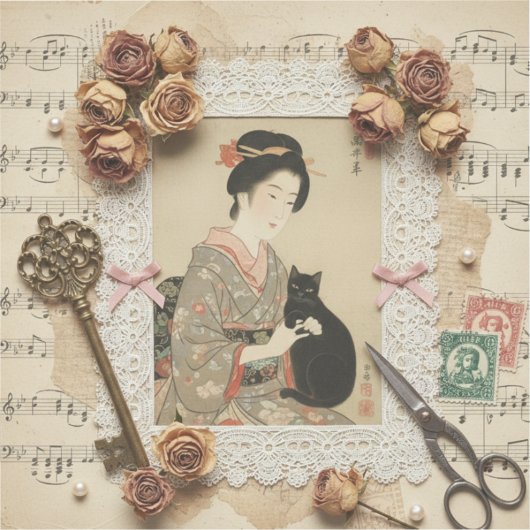 エレガントな浮世絵コラージュアート - ヴィンテージ日本女性 シール (正面)