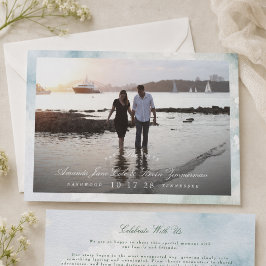 エレガントな海岸フォト+ウォーターカラーの結婚式日程お知らせ セーブザデート