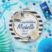 エレガントな海軍及び金ゴールドの水彩画のバラの卒業 ペーパープレート (パーティー)