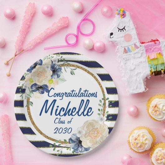 エレガントな海軍及び金ゴールドの水彩画のバラの卒業 ペーパープレート (パーティー)