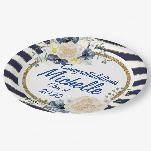 エレガントな海軍及び金ゴールドの水彩画のバラの卒業 ペーパープレート (アングル)