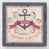 エレガントな海軍錨の青い渦巻きアクセント ストーンコースター (正面)