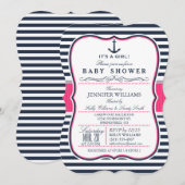 エレガントな海軍風ベビーシャワー招待状; ネイビーとピンク 招待状 (正面/裏面)