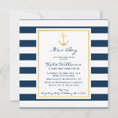 エレガントな海軍 ネイビーとゴールドのアンカー ベビーシャワー 招待状 (正面)