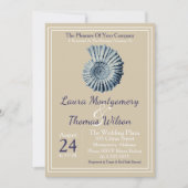 エレガントな海辺のネイビーブルーの貝殻 ウェディング 招待状 (正面)