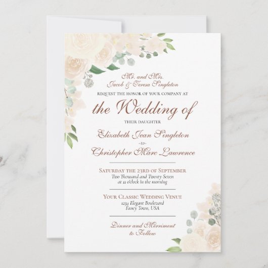 エレガントな淡い赤面ピーチフローラルフォーマルウェディング 招待状 (正面)