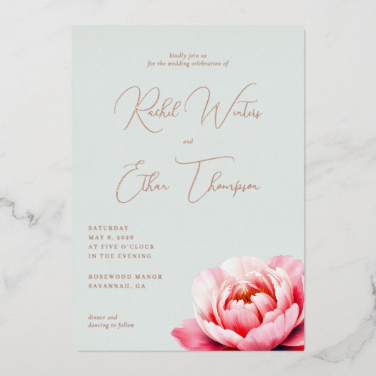 エレガントな淡い青の花 箔招待状 (正面)