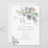 エレガントな淡青色の花模様の25周年結婚記念日 招待状 (正面)