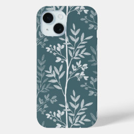 エレガントな深い森のティール系花柄シルエット iPhone 15ケース