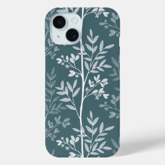 エレガントな深い森のティール系花柄シルエット iPhone 15ケース