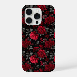 エレガントな深紅のバラ 黒い花柄 iPhone 15 PROケース