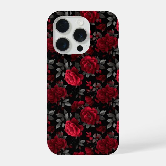 エレガントな深紅のバラ 黒い花柄 iPhoneケース (裏面)