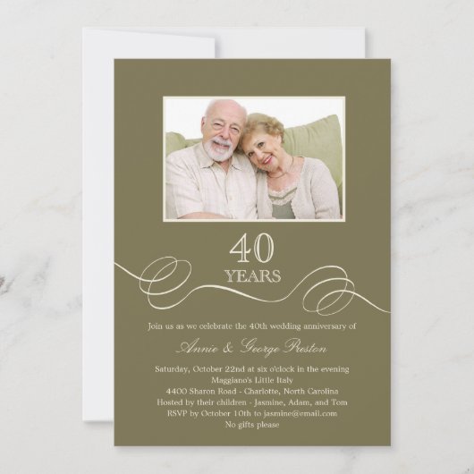 エレガントな渦巻き アニバーサリー フォト 招待状 - セージ (正面)