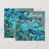 エレガントな渦巻き ティールブルーの仮面パーティー 招待状 (正面/裏面)