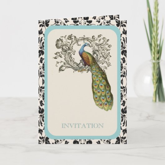 エレガントな渦巻き ヴィンテージ リリー フローラル ピーコック ウェディング 招待状 (正面)