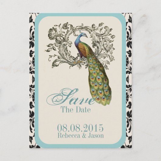 エレガントな渦巻き ヴィンテージ リリー フローラル ペコック ウェディング 案内ポストカード (正面)