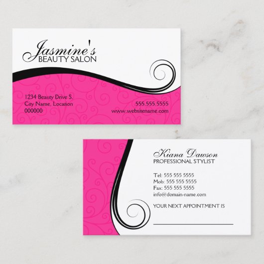 エレガントな渦巻のサロンのショッキングピンクの名刺 予約カード (正面/裏面)