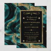 エレガントな溶けたターコイズとゴールドのグリッターの結婚式 招待状 (正面/裏面)