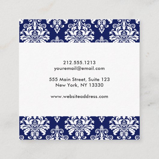 エレガントな濃紺および白のダマスク織パターン スクエア名刺 (裏面)