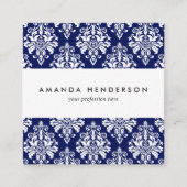 エレガントな濃紺および白のダマスク織パターン スクエア名刺 (正面)