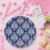 エレガントな濃紺および白のダマスク織パターン ペーパープレート (パーティー)