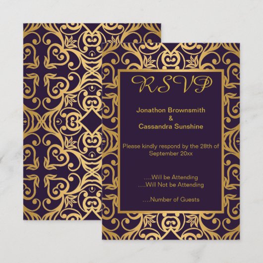 エレガントな濃紺とゴールドの花柄　出欠返信カード 招待状 (正面/裏面)