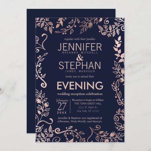 エレガントな濃紺のバラの金ゴールドの花柄の披露宴 招待状 (正面/裏面)