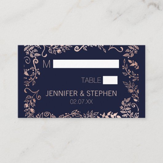 エレガントな濃紺のバラの金ゴールドの花柄 プレイスカード (正面)