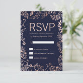 エレガントな濃紺のバラの金ゴールド花RSVPのカード 出欠カード (スタンド正面)