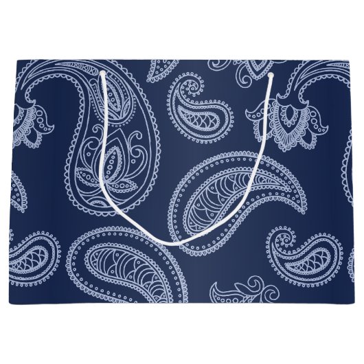 エレガントな濃紺のペイズリーパターン ラージペーパーバッグ (正面)