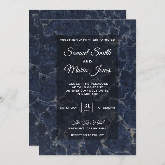 エレガントな濃紺の大理石の結婚式招待状 招待状 (正面/裏面)