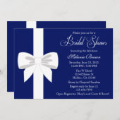 エレガントな濃紺の白いリボンのブライダルシャワー 招待状 (正面/裏面)
