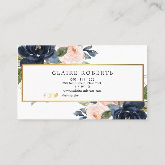 エレガントな濃紺の花の美容師の名刺 名刺 (裏面)