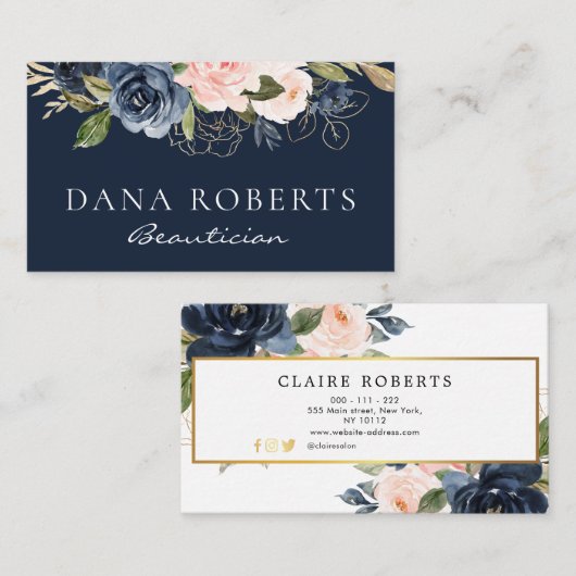 エレガントな濃紺の花の美容師の名刺 名刺 (正面/裏面)