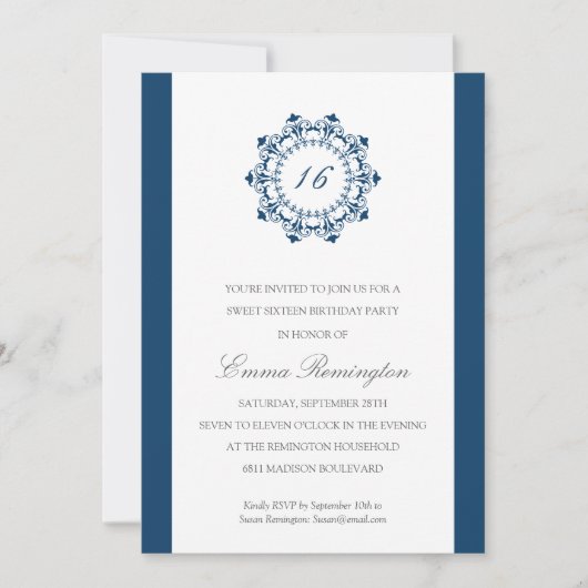 エレガントな濃紺の誕生会 招待状 (正面)