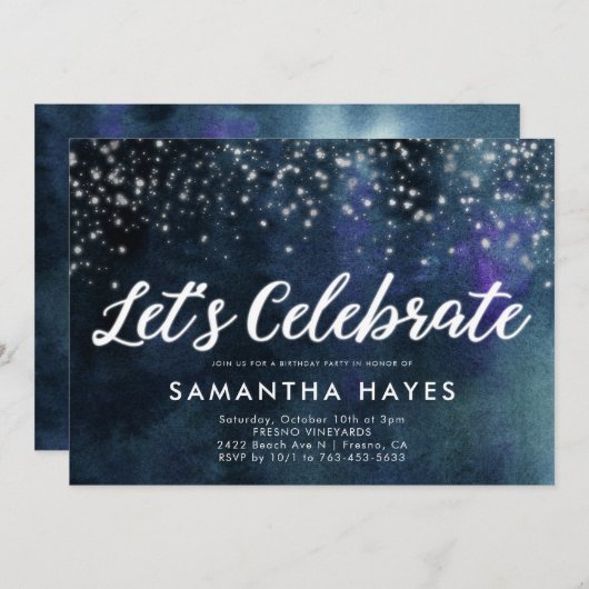 エレガントな濃紺の銀の大人の誕生会 招待状 (正面/裏面)