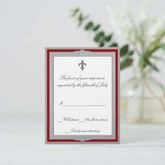 エレガントな灰色および赤い結婚式の応答カード 出欠カード (スタンド正面)