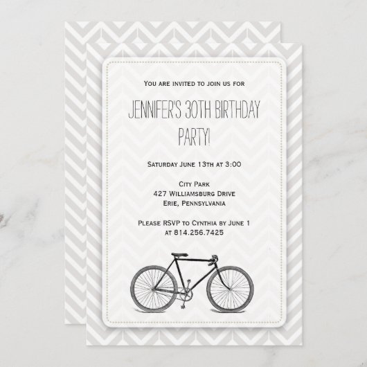 エレガントな灰色のシェブロンのヴィンテージの自転車の誕生日 招待状 (正面/裏面)